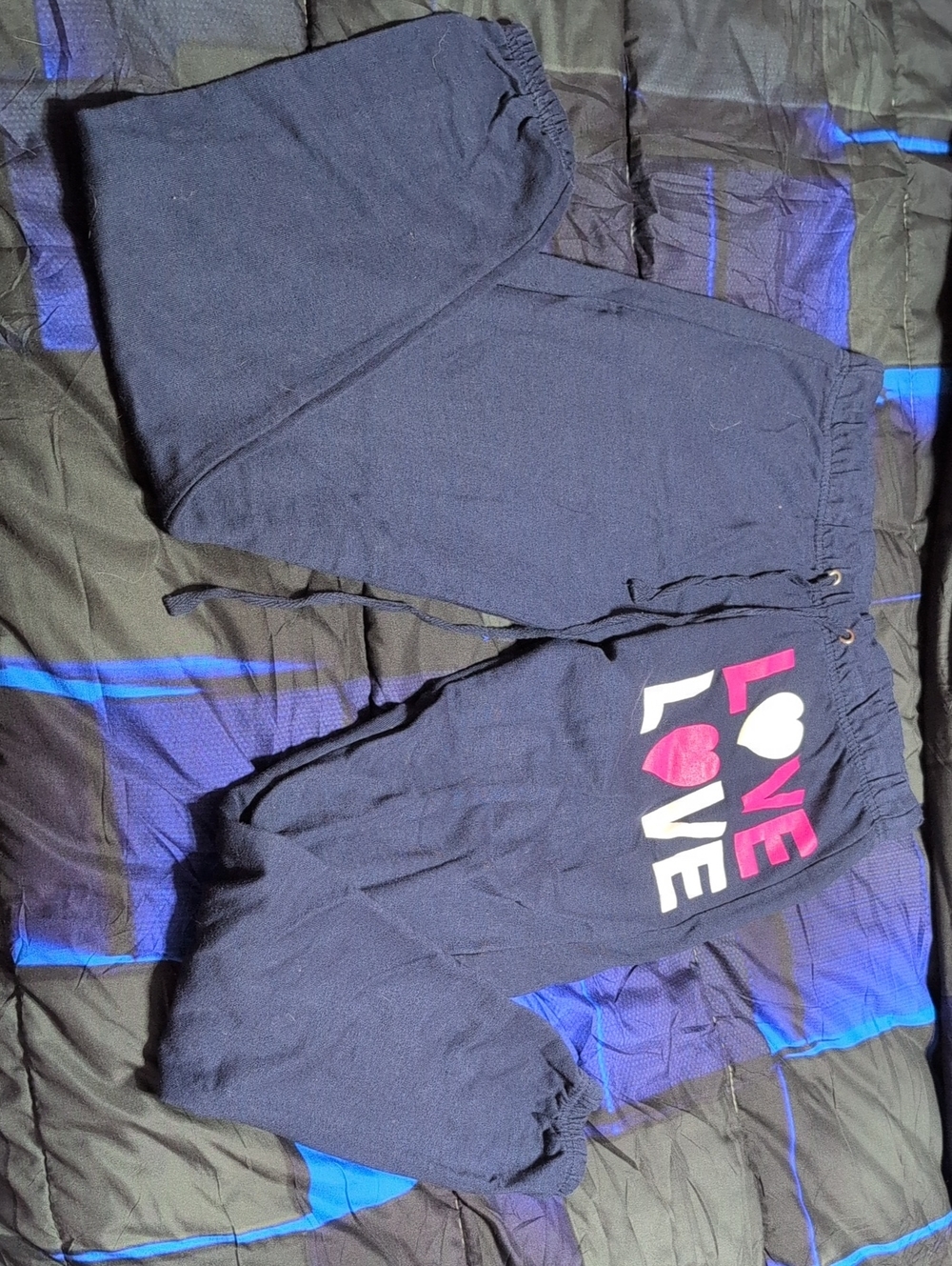 Girls Navy LOVE Graphic Sweatpants with Pink & White Heart Accent